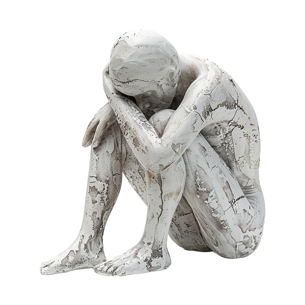 Distressed White Figurine of a Person Sitting in a Position of Grief or Contemplation png