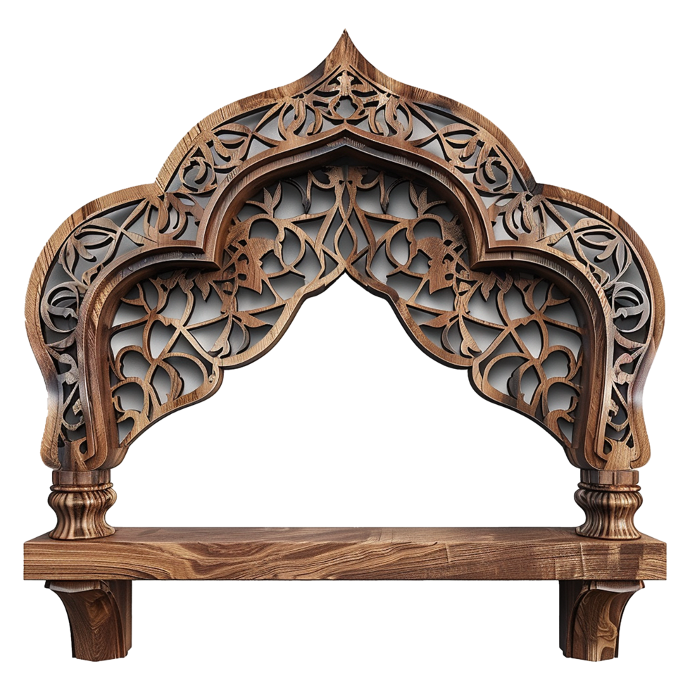 Intricate Wooden Shelf with Ornate Arch Design, Elegant Craftsmanship, Brown Wood, Decorative Element, Home Decor, Architectural Detail, Vintage Style, Hand Carved, Unique Piece, Stylish Accessory png