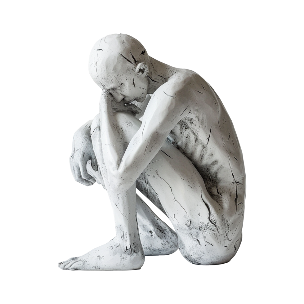 White Distressed Figurine Sculpture of a Person in a Sitting Position of Sorrow and Reflection png