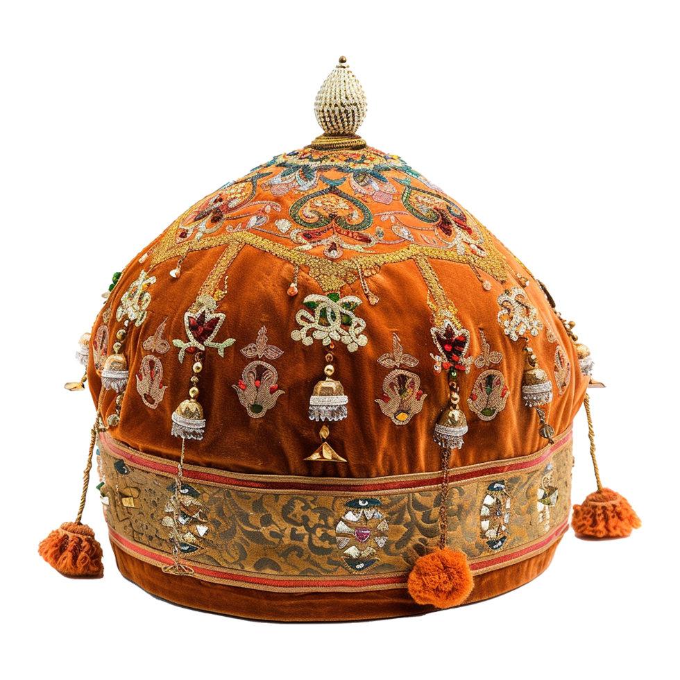 Ornate and richly embroidered ceremonial headdress or crown from India png
