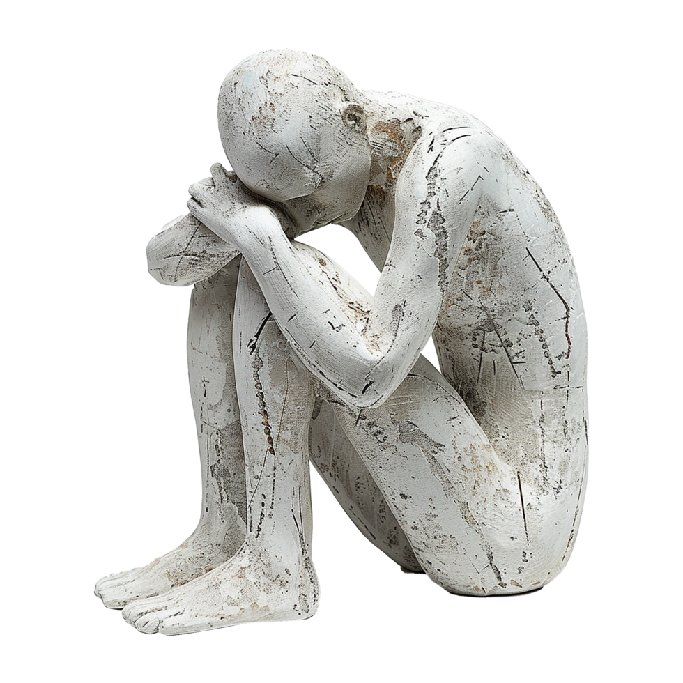 Distressed White Figurine Sculpture of a Person Sitting in a Huddled Position, Showing Sadness or Contemplation png