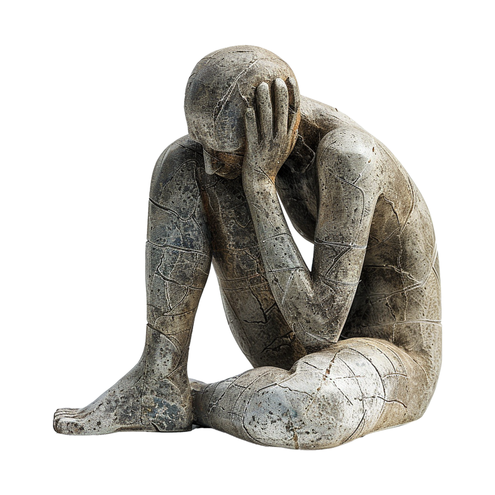Stone Sculpture of a Person Seated in a Posture of Sorrow and Contemplation png