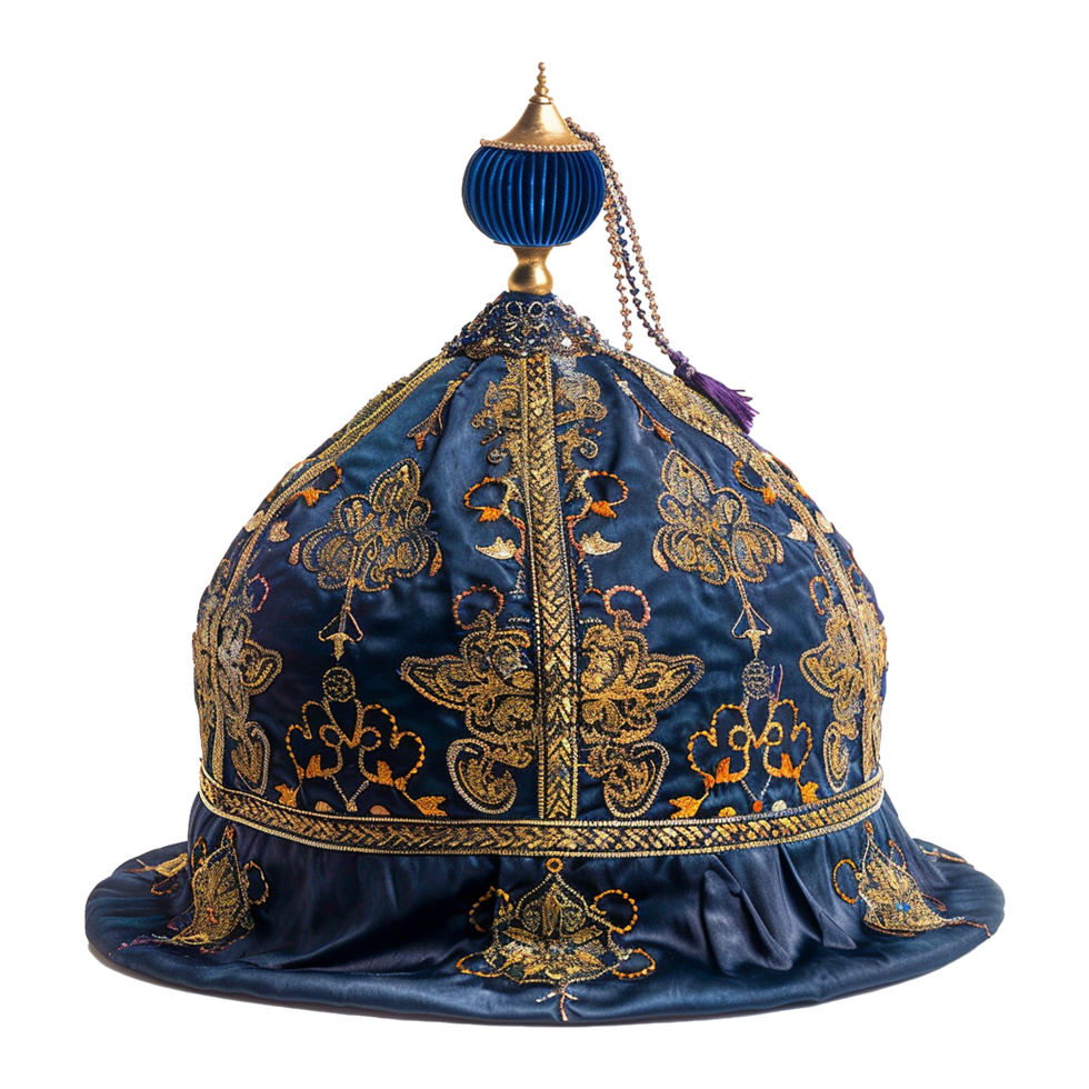 Magnificent Blue and Gold Embroidered Uzbek Hat with Ornate Topknot png