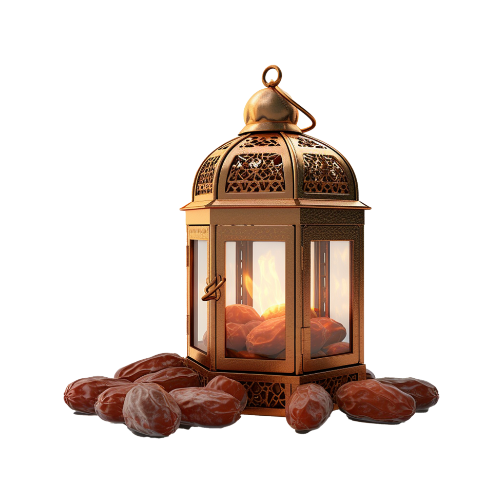 Ornate Ramadan Lantern with Dates and Glowing Light Festive Islamic Decoration png