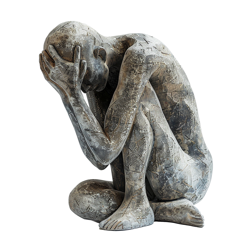 Gray Stone Sculpture of a Seated Figure in Deep Thought or Sorrow png