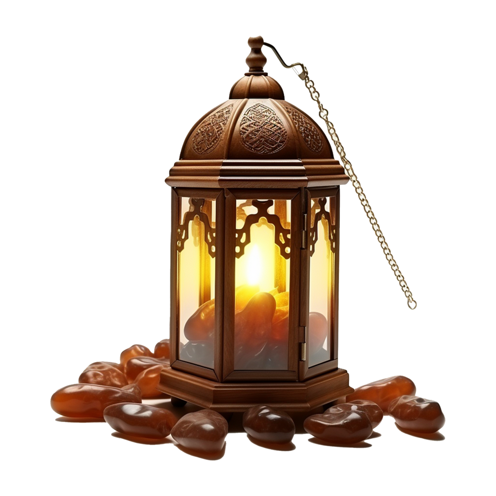 Illuminated Ramadan Lantern with Dates and Intricate Carvings png