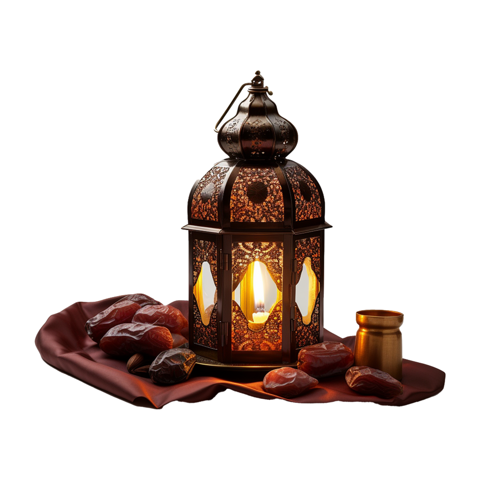 Ornate Metal Lantern with Dates and Candle for Ramadan png