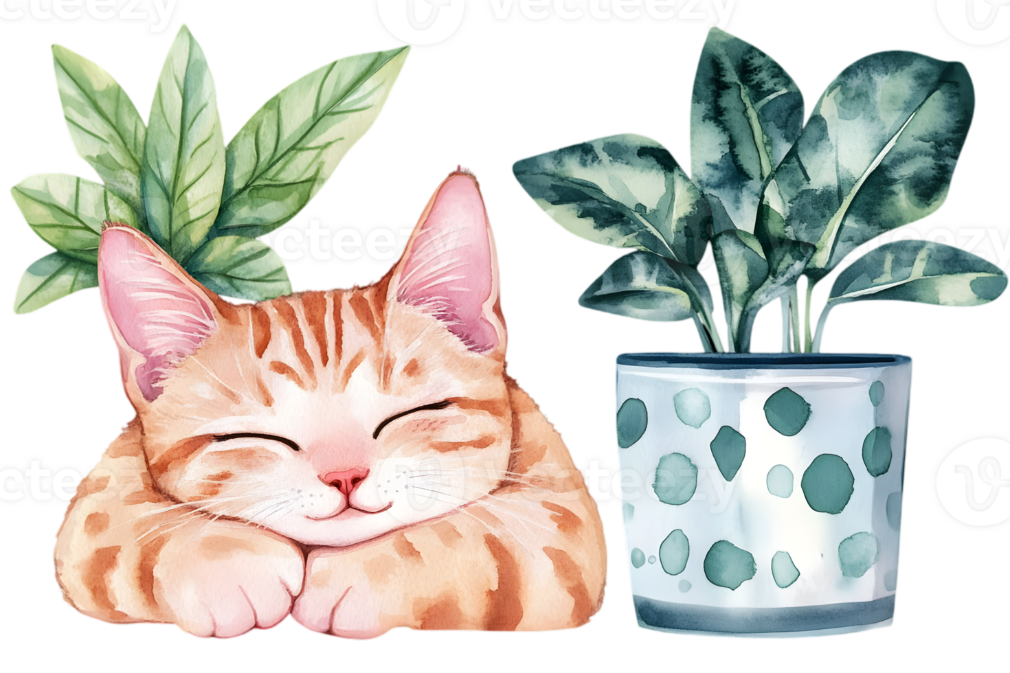 Watercolor Portrait of Ginger Cat Sleeping Near Potted Plants with Striped Pattern on Transparent Background png