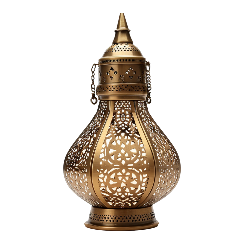 Elegant Antique Brass Moroccan Lantern with Intricate Cutout Design png