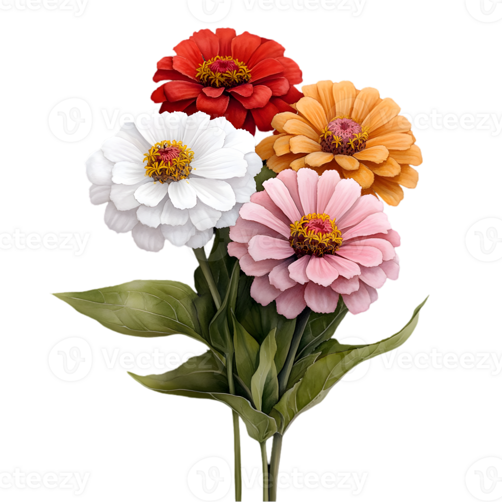 Zinnia Flowers Bouquet Isolated on Transparent Background with Red Orange White and Pink Petals png