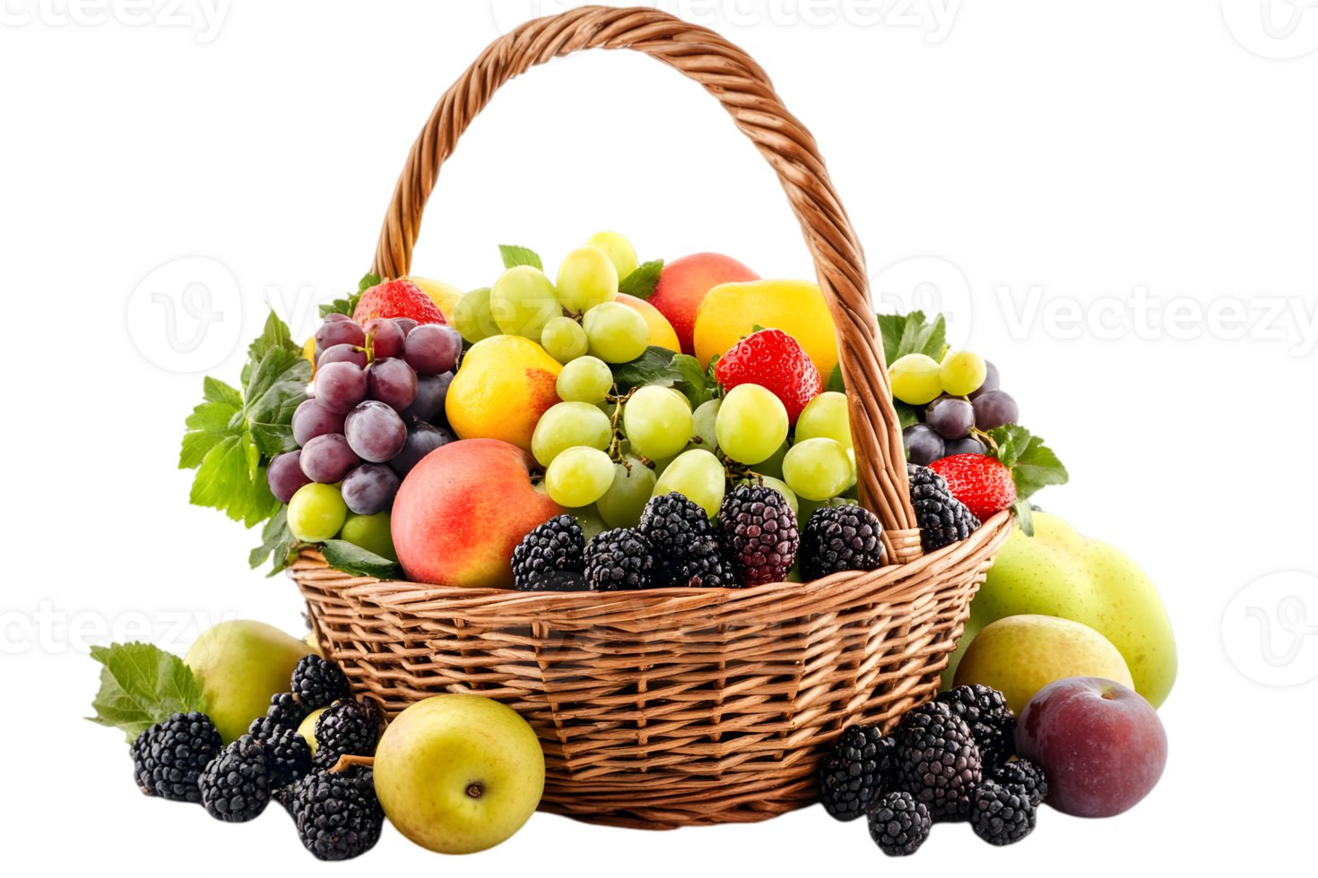 Wicker Basket Filled with Fresh Summer Fruits and Berries on a Transparent Background png