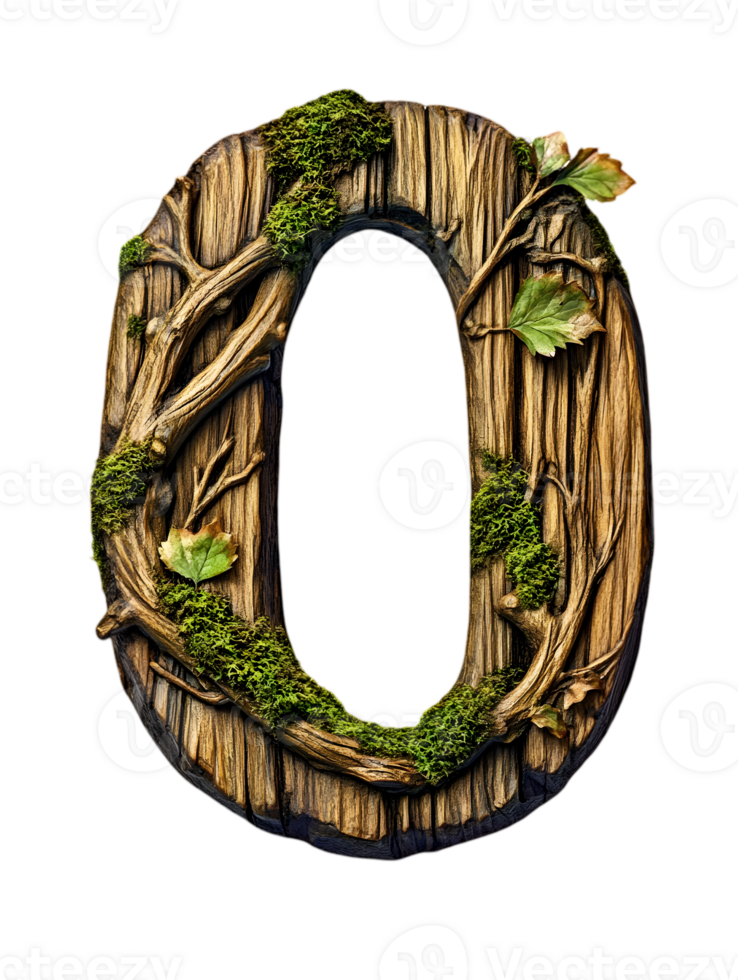 Wooden Number Zero Adorned with Moss and Twigs on Transparent Backdrop Showing Natural and Rustic Style png