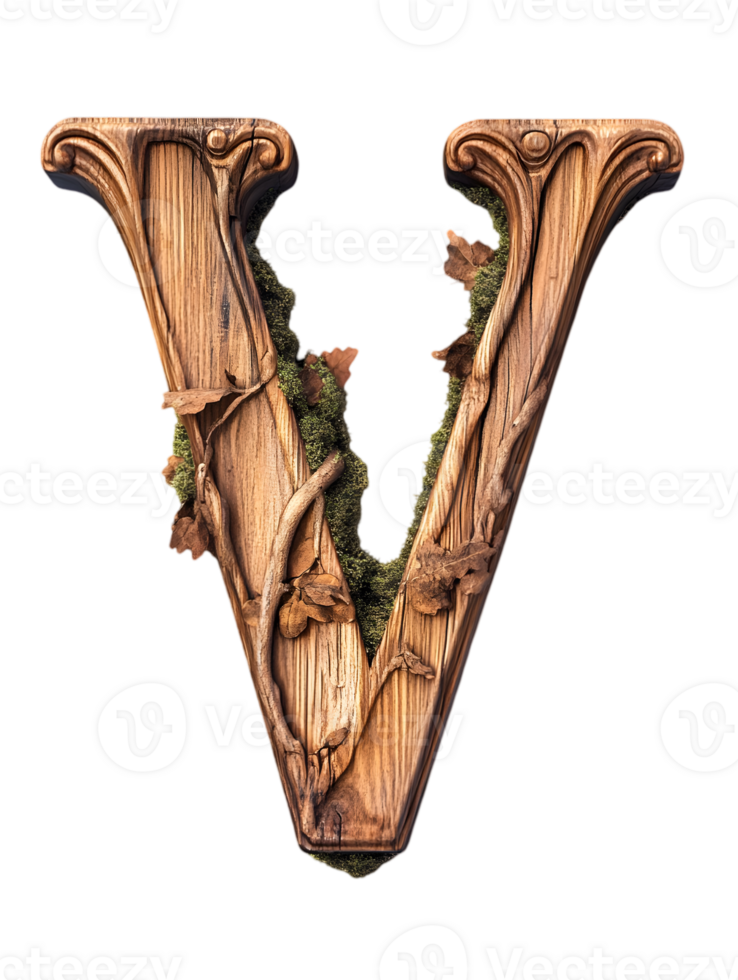 Wooden Carved Letter V with Moss and Leaves on Transparent Background Detailed Three Dimensional Rustic Font Alphabet Character Design png
