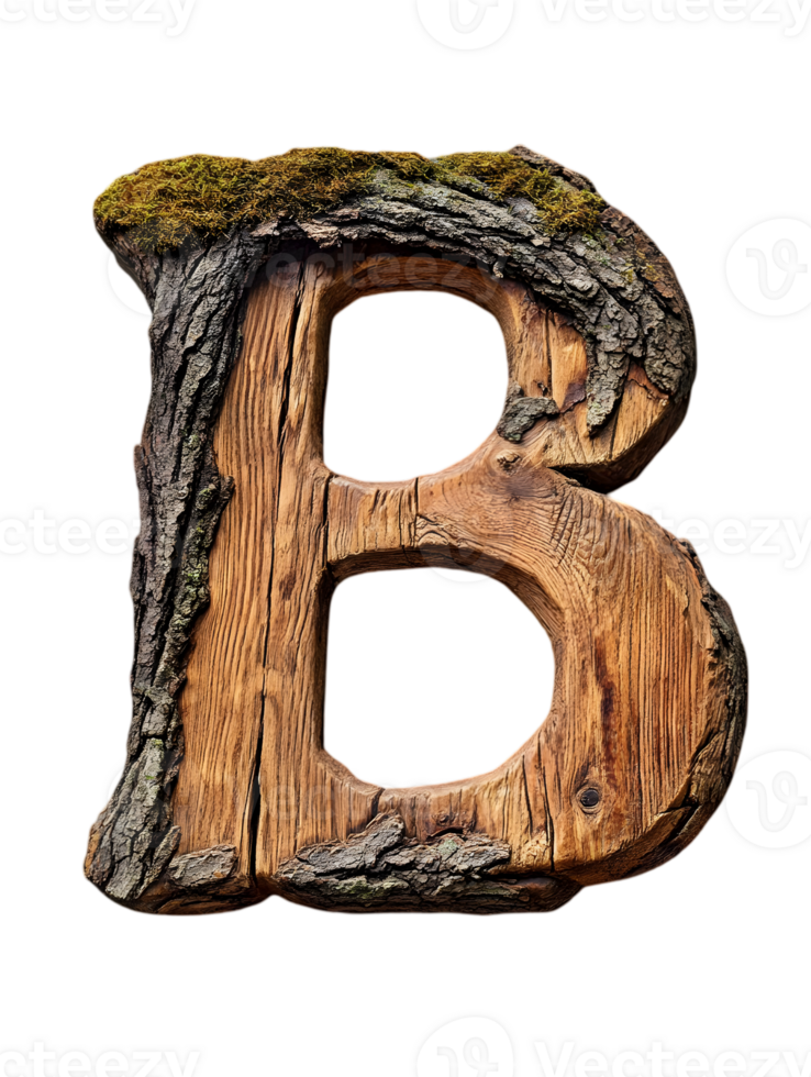 Wooden Letter B Texture with Moss on Transparent Background Features Brown Shades and Rustic Elements png