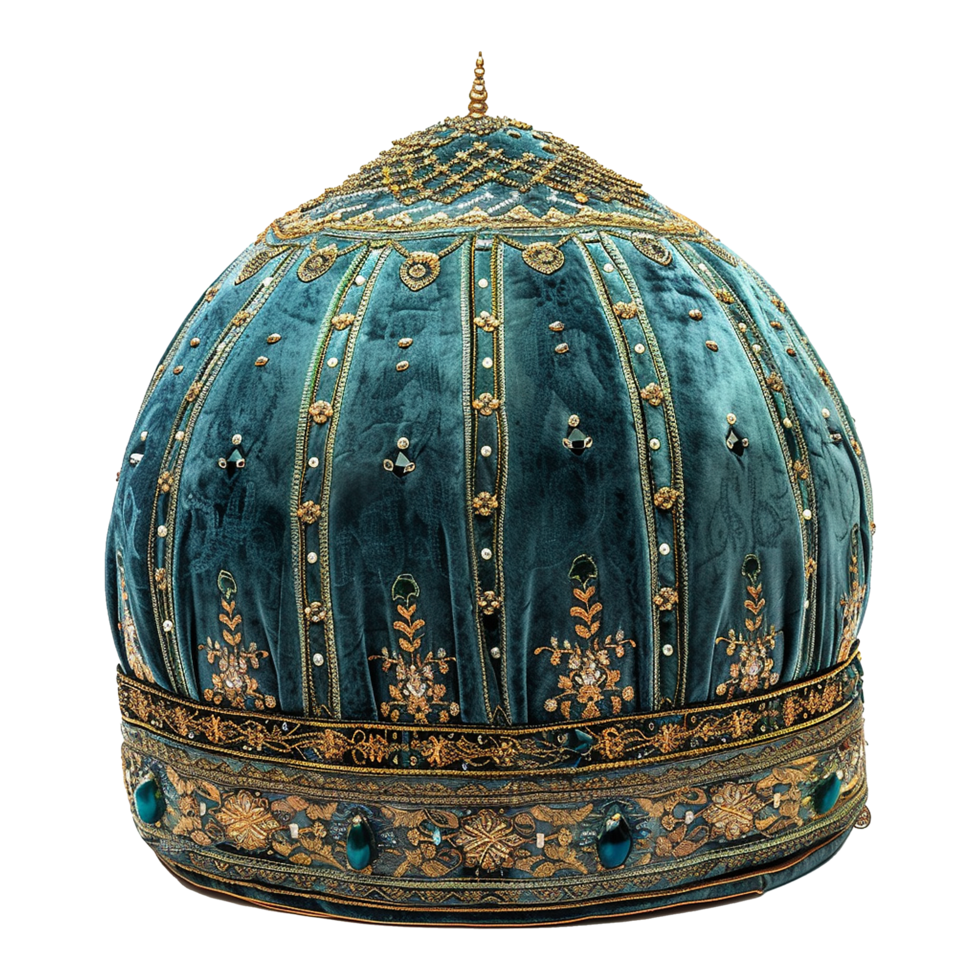 Magnificent Teal Velvet Hat with Intricate Gold Embroidery and Gemstones png