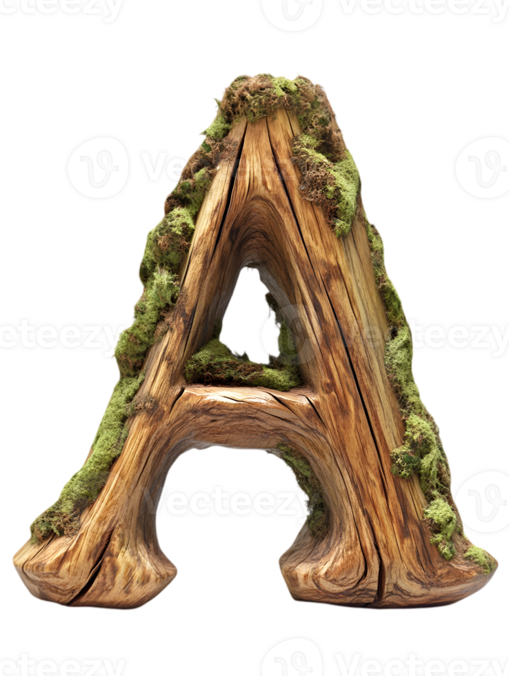 Wooden Letter A with Moss Isolated on Transparent Background for Nature Themed Design png