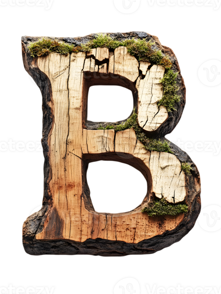 Wooden Letter B Texture with Moss and Bark on Transparent Background Nature Inspired Alphabet Character for Graphic Design png