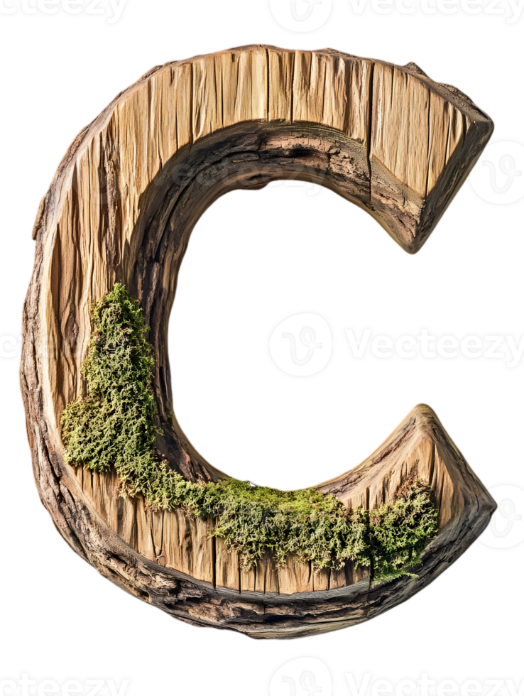 Wooden Letter C Adorned with Green Moss on Transparent Background Rustic Textured Design for Ecological and Natural Themes png