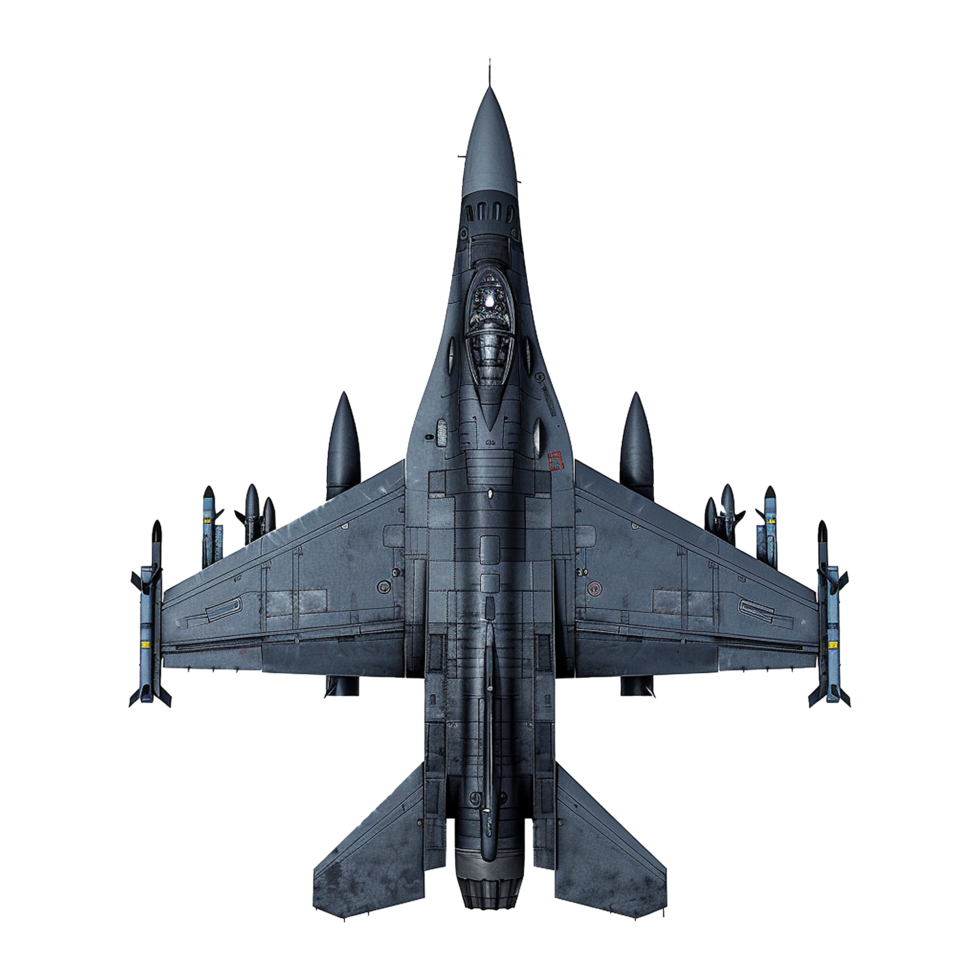 Top View of a Modern Military Fighter Jet Armed with Missiles and Rockets png
