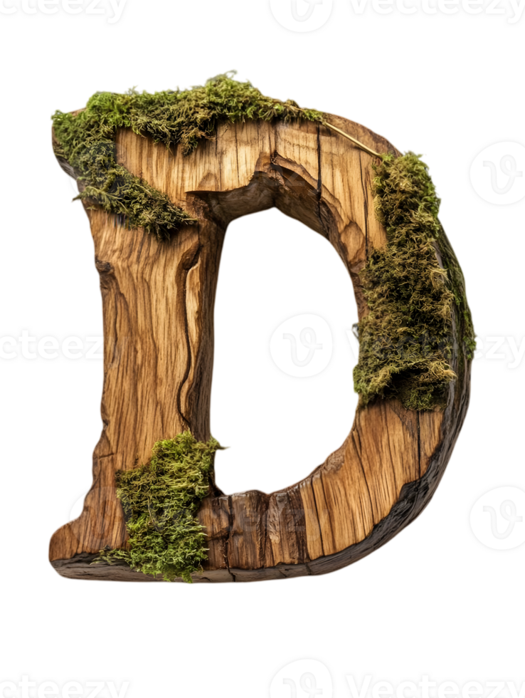 Wooden Letter D with Moss Isolated on Transparent Background for Creative Design and Artistic Typography Projects with Natural Rough Texture png