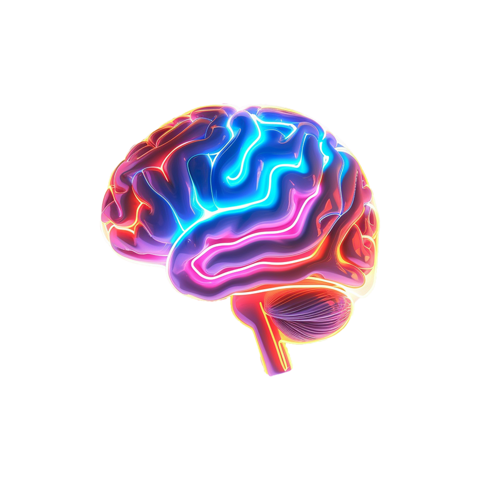 Vibrant 3D Model of a Human Brain with Neon Glowing Pathways Illuminated png