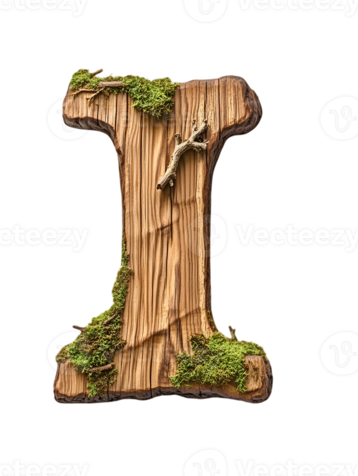 Wooden Letter I with Moss and Twigs on a Transparent Background Textured Surface and Carved Elements Creates a Natural Uppercase Alphabet Design png