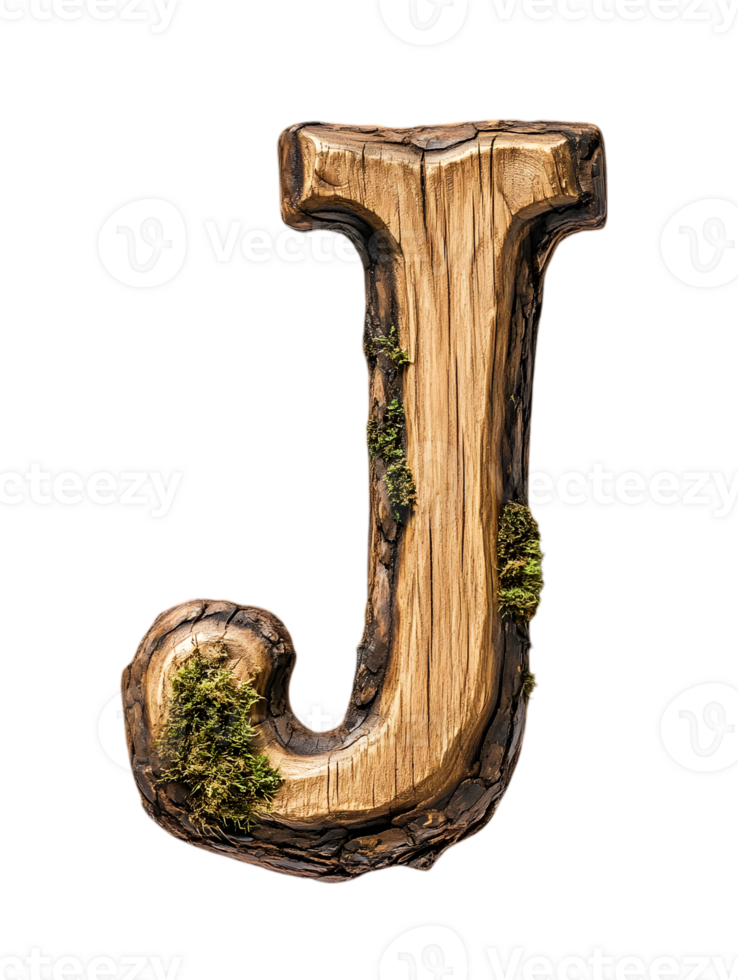 Wooden Letter J with Moss Growing in a Transparent Background Alphabet Decor png