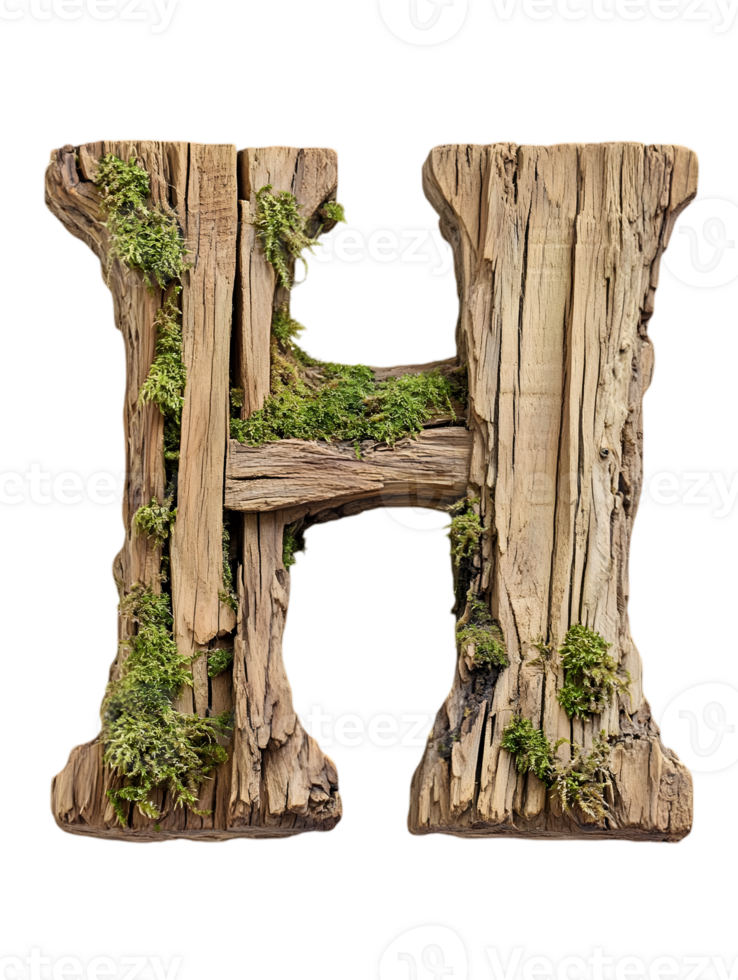 Wooden Letter H with Moss Decoration on Transparent Background Isolated 3D Rendered Rustic Alphabet for Creative Design and Decorative Typography png