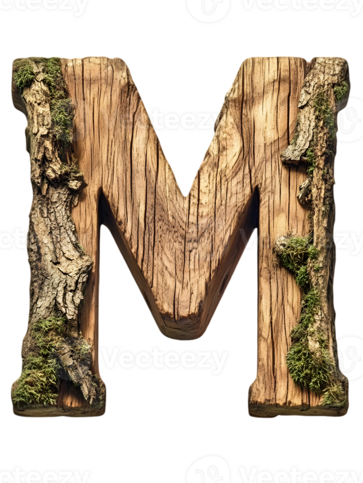 Wooden Letter M Covered with Moss Isolated on Black Background Demonstrating Natural Texture And Organic Design png