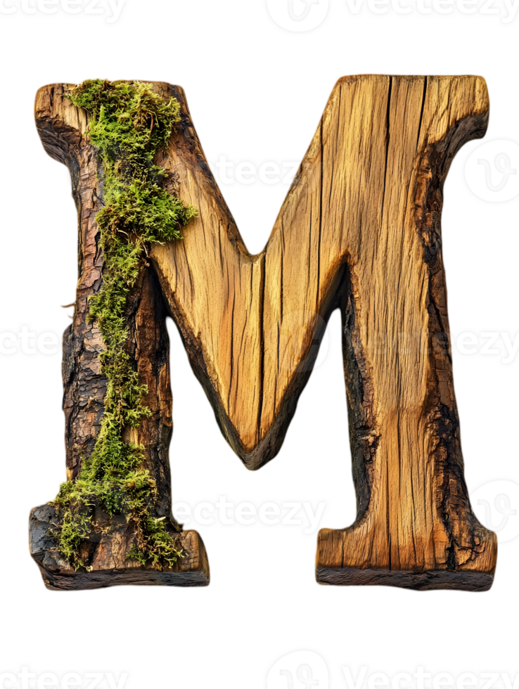 Wooden Letter M with Moss on Transparent Background in Detailed Carving Texture Rustic Style with Natural Elements png