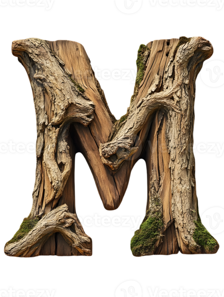 Wooden Letter M with Mossy Texture in Natural Light on a Transparent Backdrop Representing Alphabetical Typography and Creative Graphic Element png