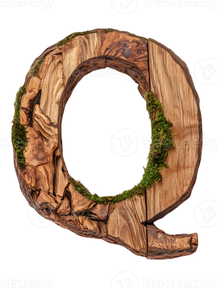 Wooden Letter Q with Moss on Transparent Background Rustic Textured Font Style png