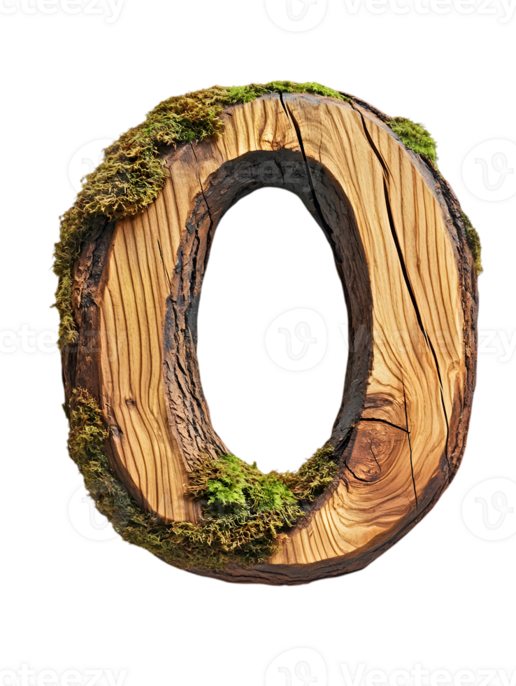 Wooden Letter O with Moss Texture on a Transparent Background Detailed Three Dimensional Rustic Design png