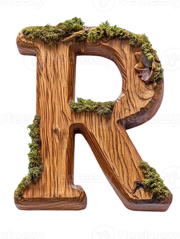 Wooden Letter R Adorned with Moss on Transparent Backdrop Showcasing Rustic Texture and Botanical Decoration in a Vintage Style png