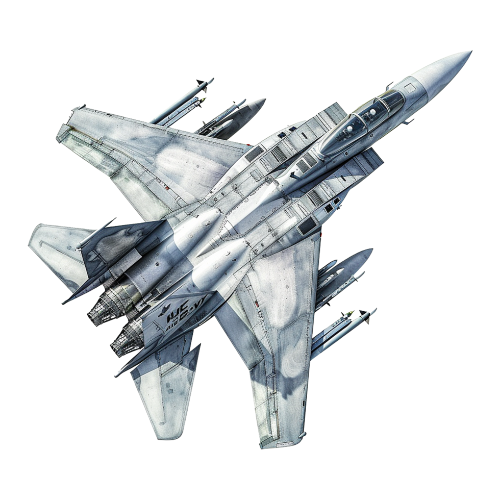 Top View of a Grey F15 Eagle Fighter Jet with Missiles png