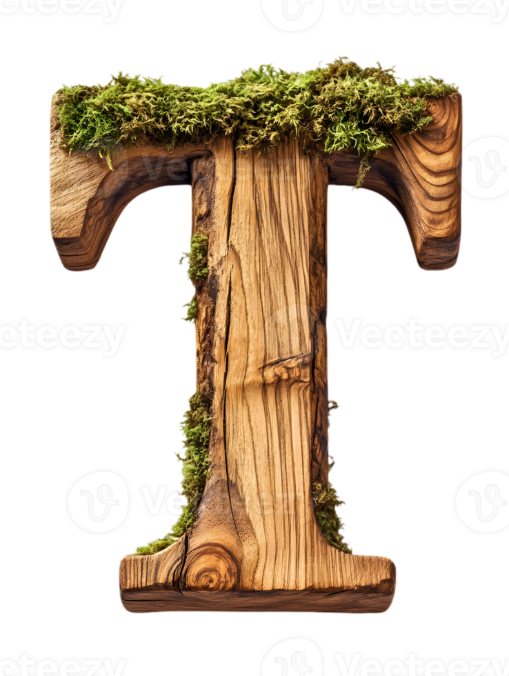 Wooden Letter T Adorned with Moss Isolated on Transparent Background Creates a Natural and Rustic Aesthetic with Detailed Texture and Organic Growth png