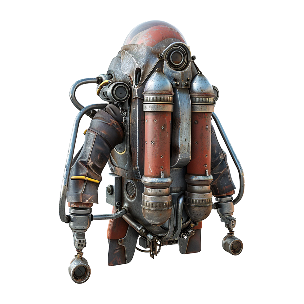 Retro Futuristic Deep Sea Diving Suit with Twin Tanks and Mechanical Arms png