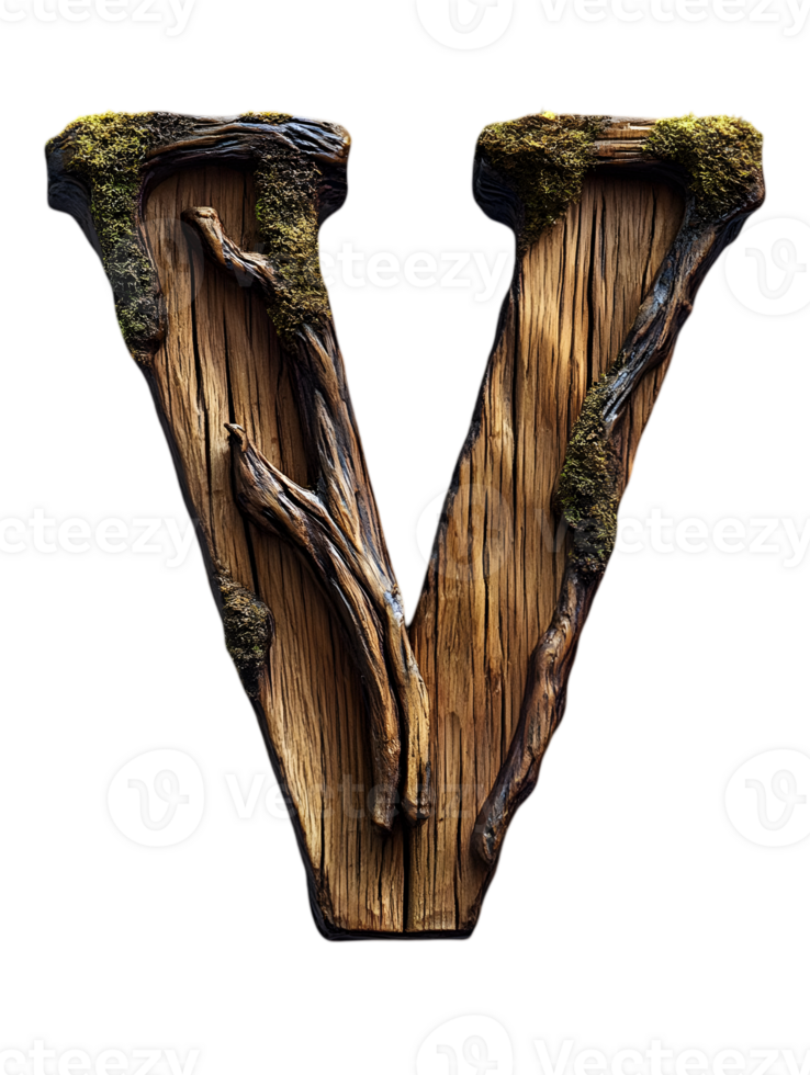 Wooden Letter V with Moss and Branches on Transparent Background Rustic Alphabet Character with Detailed Texture and Organic Feel png