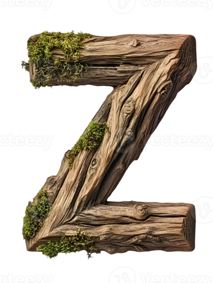 Wooden Letter Z Covered In Moss Isolated on Transparent Background Natural Alphabet Lettering Art png