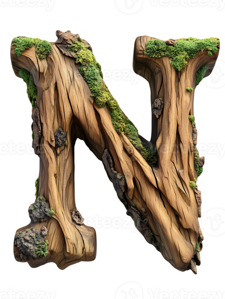 Wooden Mossy Letter N on Transparent Background Unique Alphabet Lettering 3D Render of Nature Inspired Font and Textured Organic Typography png
