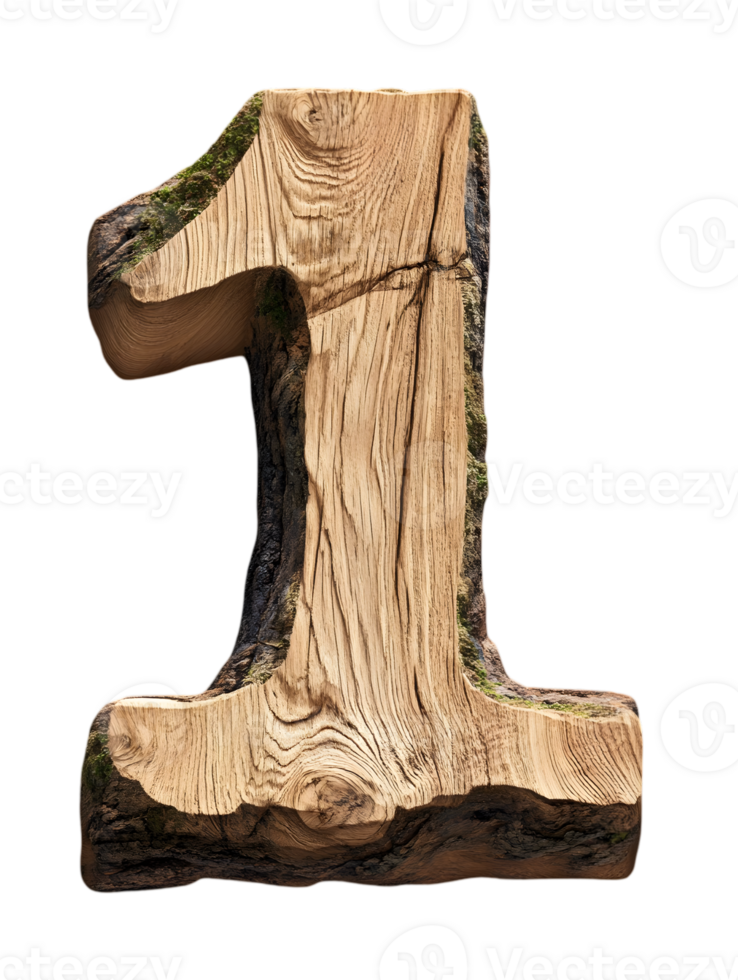 Wooden Number One Carved with Natural Texture and Grain Isolated on Transparent Backdrop for Decorative Art and Design Element png