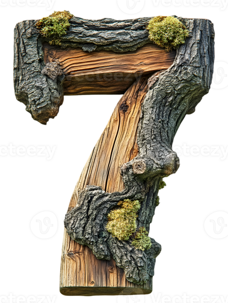 Wooden Number Seven Made of Tree Trunk with Moss on Transparent Background Isolated Macro Shot png