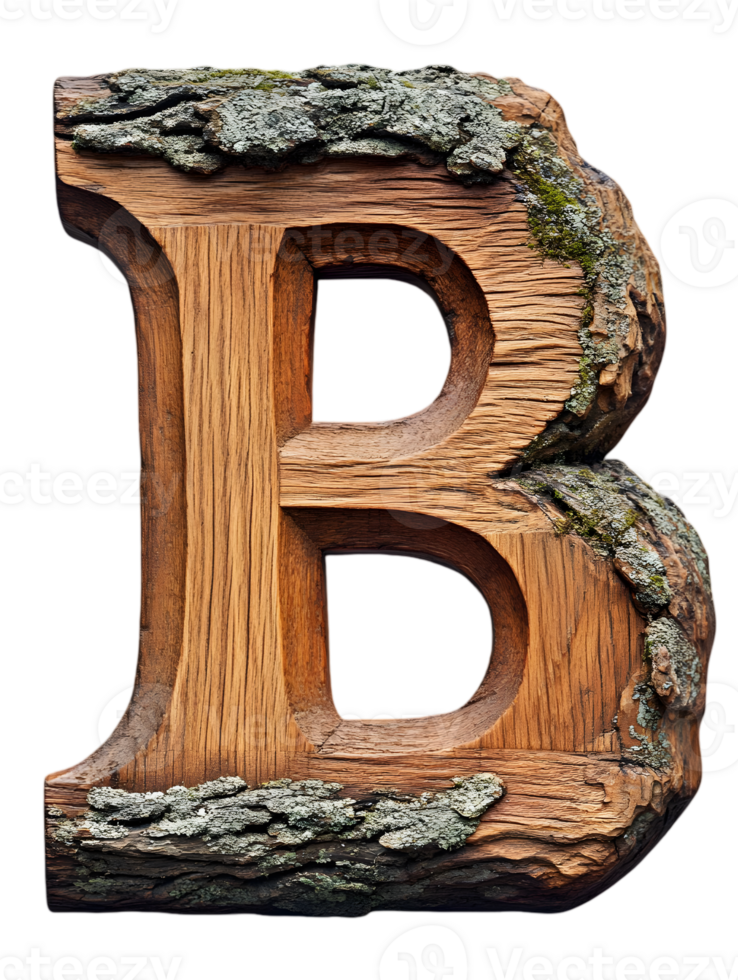 Wooden Carved Letter B with Bark and Moss Texture Isolated on Transparent Background for Decorative Design and Typography png