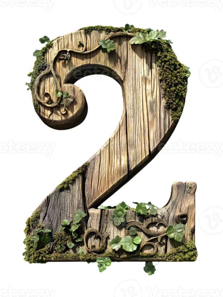 Wooden Number Two Character with Moss and Ivy on Transparent Background Detailed Macro Shot png
