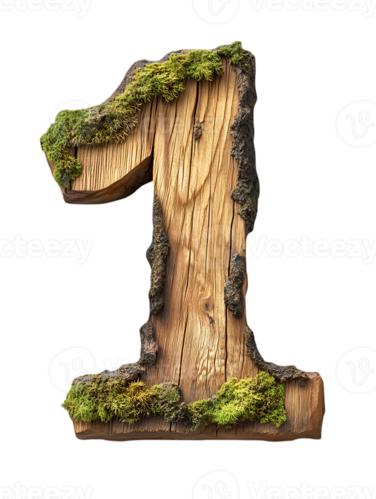 Wooden Number One Texture Covered with Moss on Transparent Background Natural Design Element Art Symbol Graphic Render png