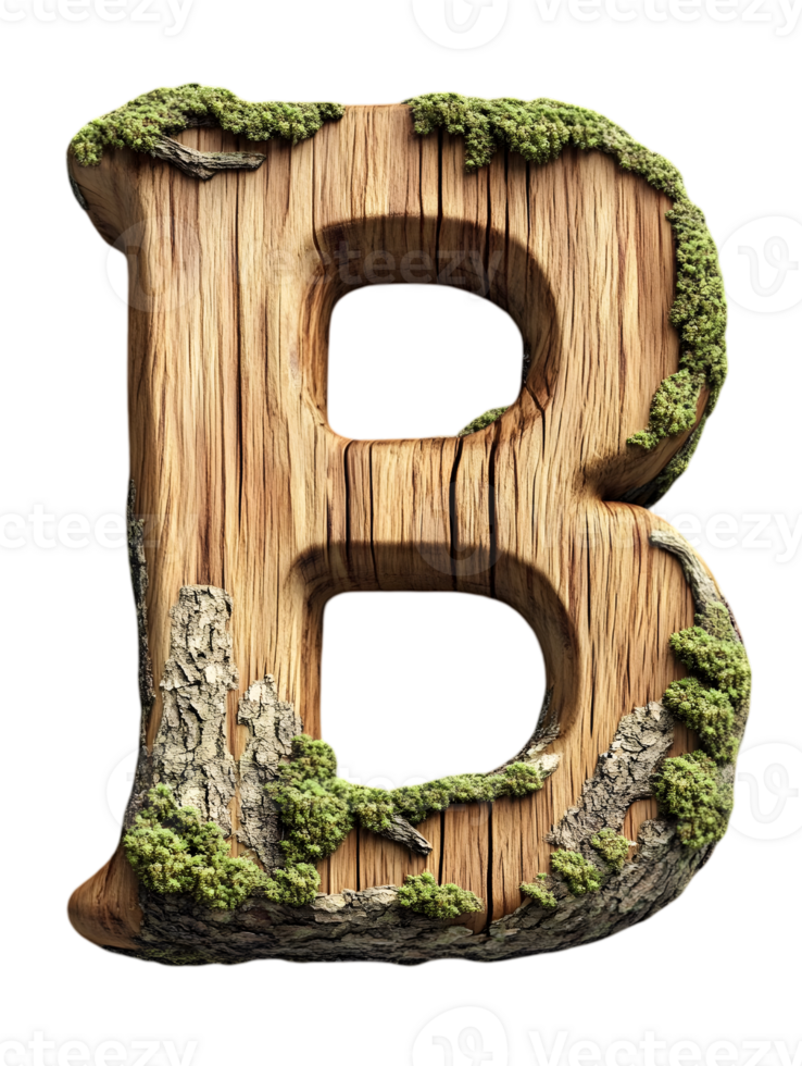 Wooden Letter B Adorned with Moss on Transparent Background Detailed Three Dimensional Render of a Carved Alphabet Character for Nature Inspired Design png
