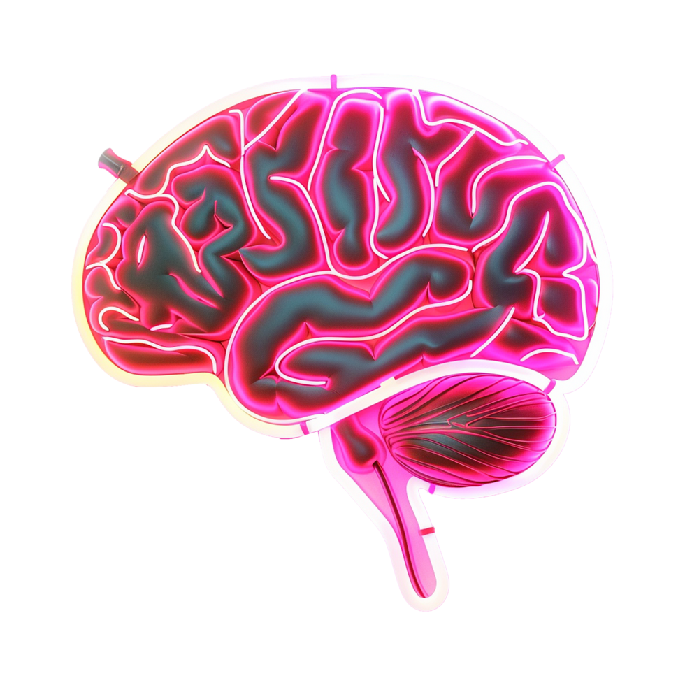A vibrant pink and teal neon brain illustration glowing brightly against a pink background png