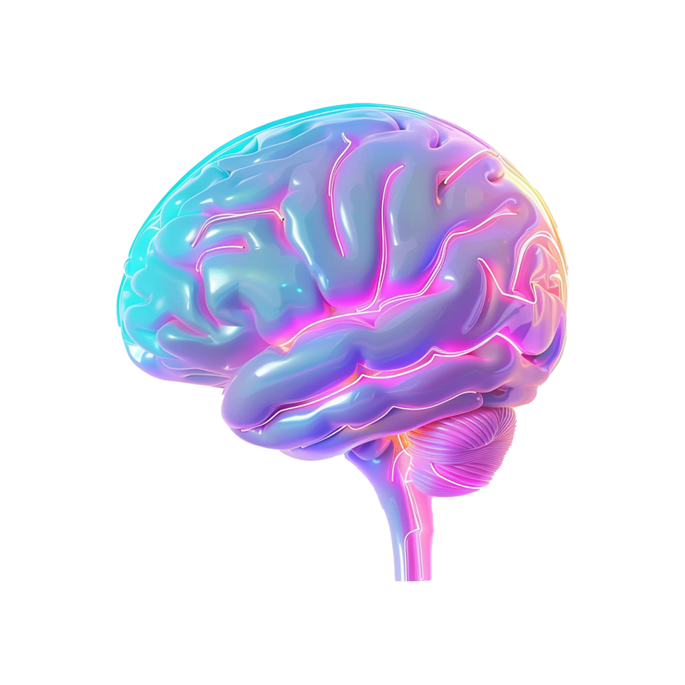 Abstract 3D Render of a Human Brain with Neon Glowing Lines and Pastel Colors png
