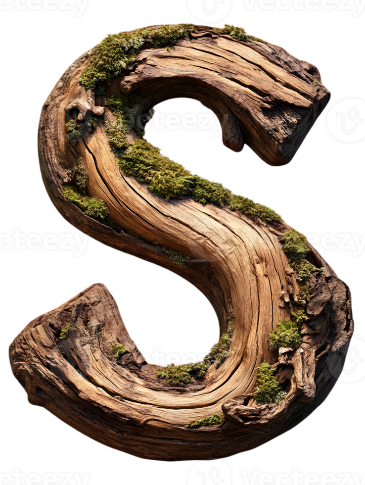 Wooden Letter S with Moss on Transparent Background Detailed Texture and Rustic Charm Natural Typography and Carved Bark Lettering Decorative Element png