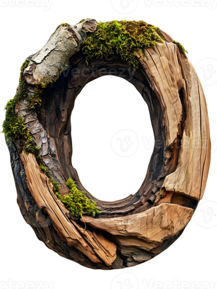 Wooden Letter O with Moss on Transparent Background Featuring Organic Texture Natural Bark and Carved Design Perfect for Creative Projects and Decorations png